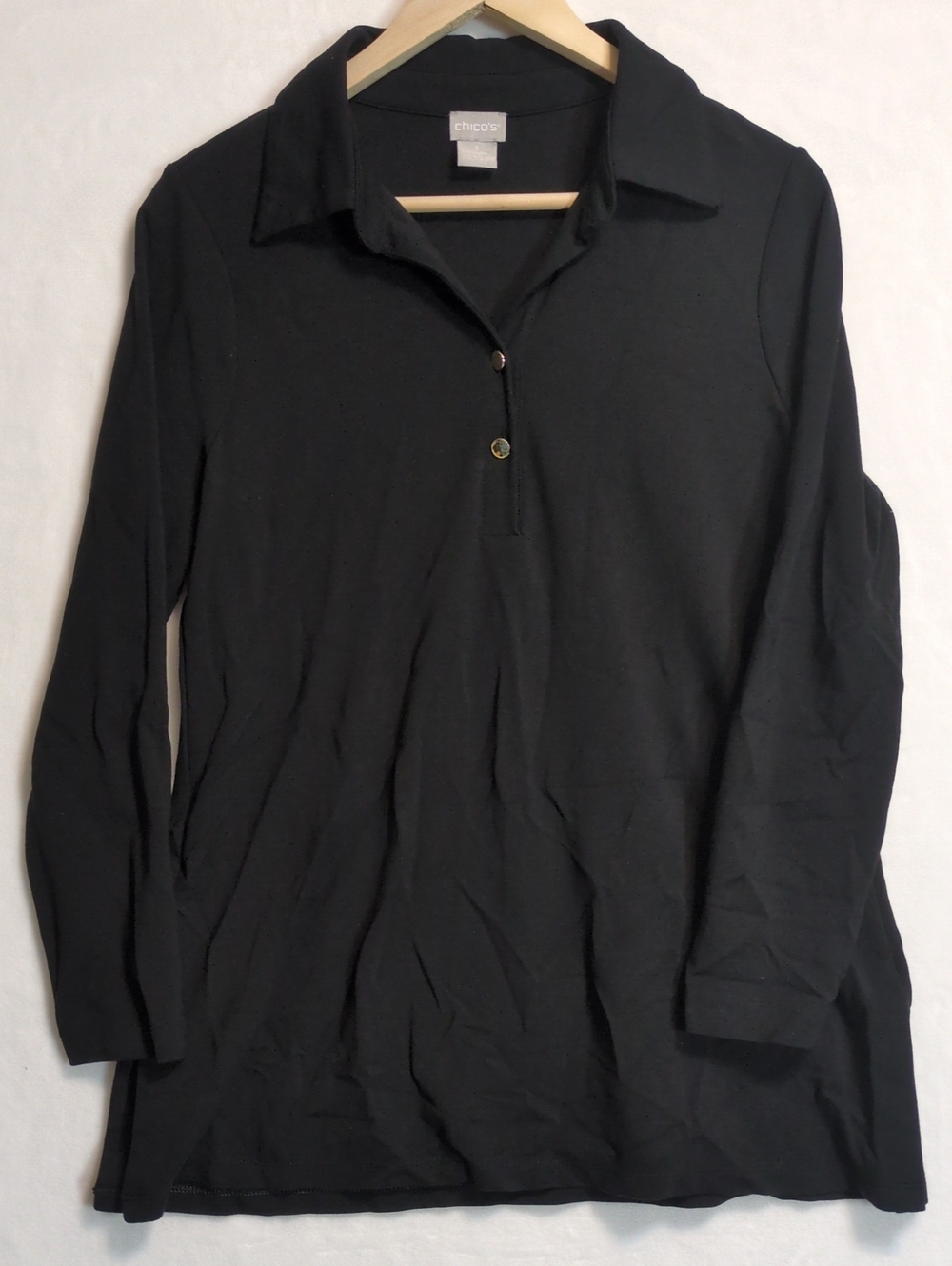 Chico's Size 1 US M Black Gold Button Henley Tunic Top Long Sleeve Collared